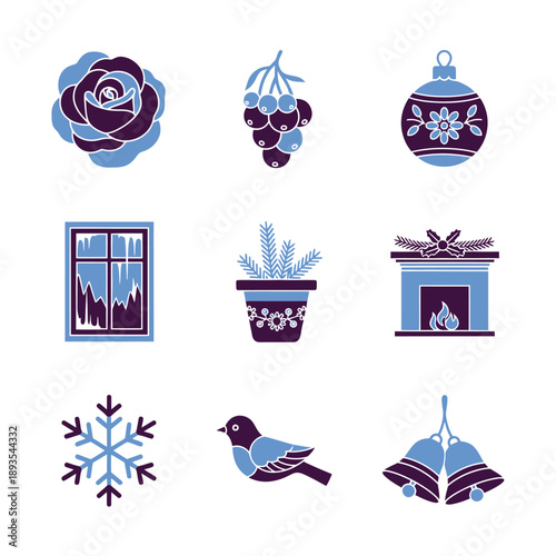Duotone flat graphic illustration set featuring nine elegant winter and Christmas icons, including a helleborus, snowflake, and festive bells in an Icy Blue and Deep Violet color palette