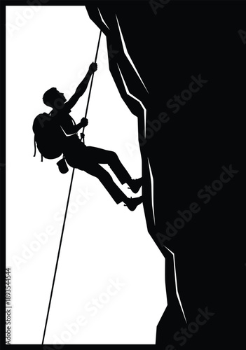 Silhouette of Rock Climber Ascending Steep Mountain Cliff with Rope and Backpack, Outdoor Extreme Sports Adventure Graphic for Mountaineering and Hiking Design Template