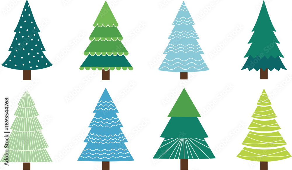 Obraz premium Modern Christmas Tree Vector Set with Flat and Textured Styles for Holiday Decorations, Winter Illustrations, Greeting Cards, and Festive Design Projects