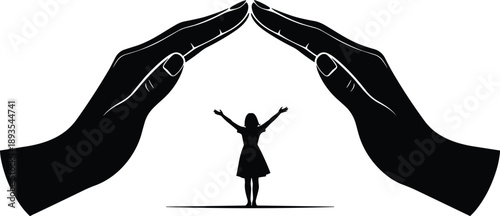 Small Child Protected Under Giant Cupped Hands Silhouette Vector Illustration, Concept of Child Safety Parental Care Family Insurance Support and Community Protection Design,