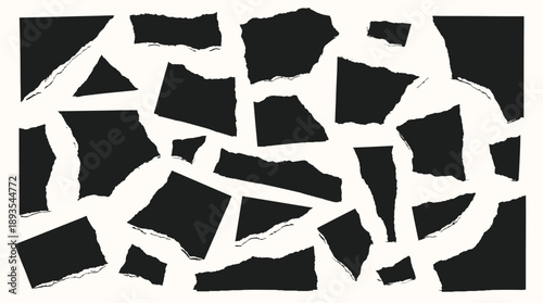 Ripped Paper Sheet Vector Set with Black Torn Paper Pieces, Collage Blank Elements, Sharp Torn Notebook Effect, Strip Texture Edges and Rough Jagged Rips Tape for Text and Design
