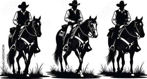 Three black silhouette cowboys riding horses in a row facing forward for western wild west themes, rodeo posters, and ranch graphic designs