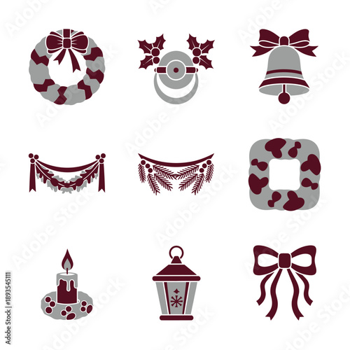 A balanced grid arrangement of eight minimalist Christmas graphic icons featuring holiday door and window decorations in a sophisticated duotone palette of warm gray and deep burgundy
