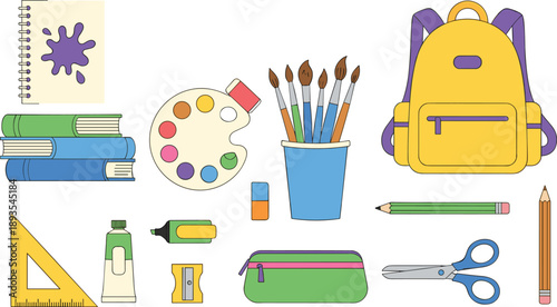School Supplies and Art Stationery Illustration Set with Backpack, Paints, Brushes, and Learning Tools for Education, Classroom, and Creative Study Designs