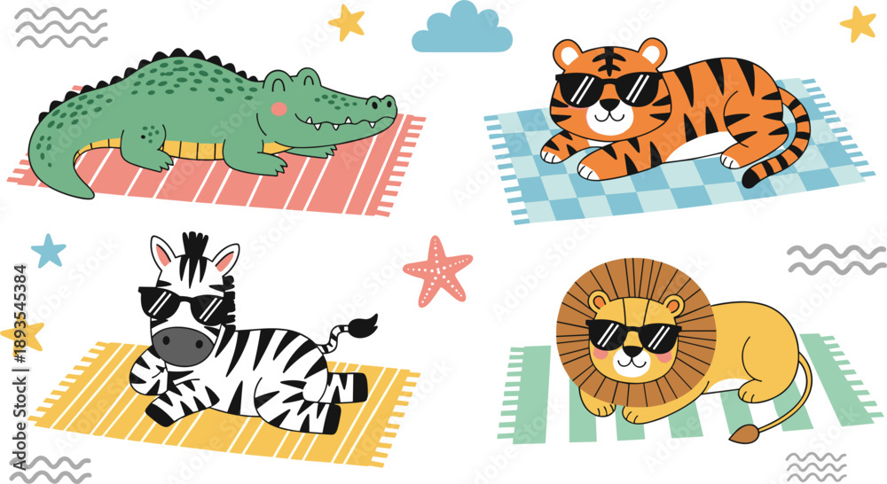 Fototapeta premium Cute Cartoon Wild Animals Relaxing on Mats Illustration Set for Kids Nursery Decor, Baby Products, Educational Games, and Playful Designs
