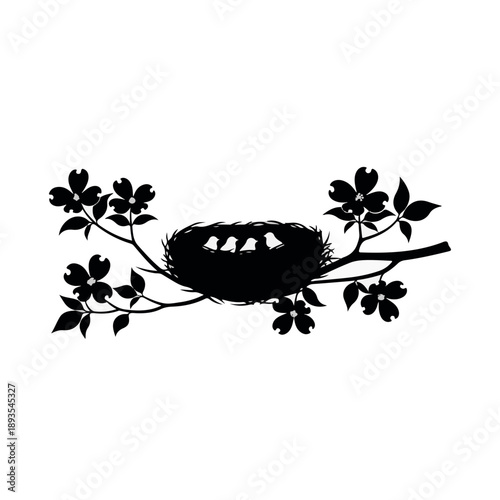 Black silhouette of a bird nest with chicks on a flowering branch baby birds nestlings
