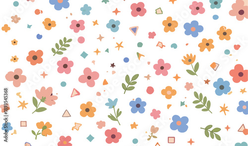 Cute pastel floral doodle vector pattern with scattered flowers leaves abstract shapes minimal flat design