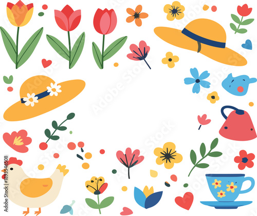 Cute spring illustration vector set with flowers, hats, teacup and chicken for playful seasonal and nursery design