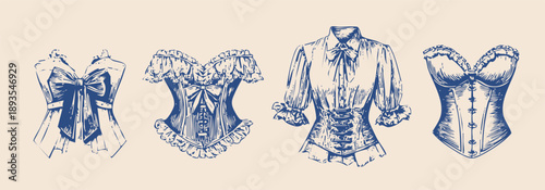 vintage rococo fashion illustrations, hand drawn engraving style, antique women's garments, corsets, blouses