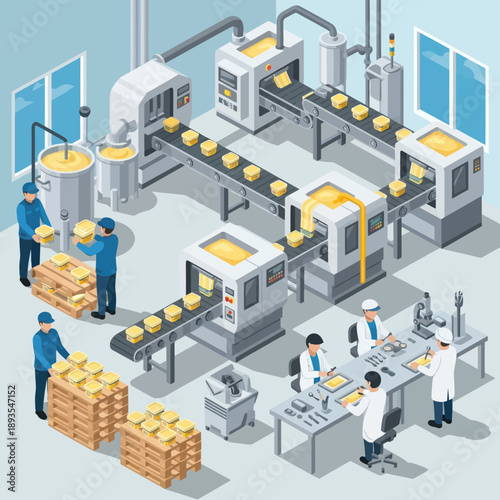 Industrial Food Production Line with Workers.