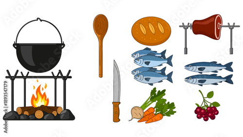 Outdoor cooking setup with cooking pot, utensils, fish, vegetables, and bread on a campfire grill