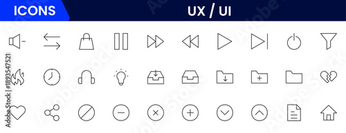 UX UI icons depicting user experience design, interfaces, wireframes, usability, prototyping, interaction, layouts, testing, accessibility.
