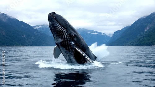 Humpback whale breaches from ocean water with mountain background