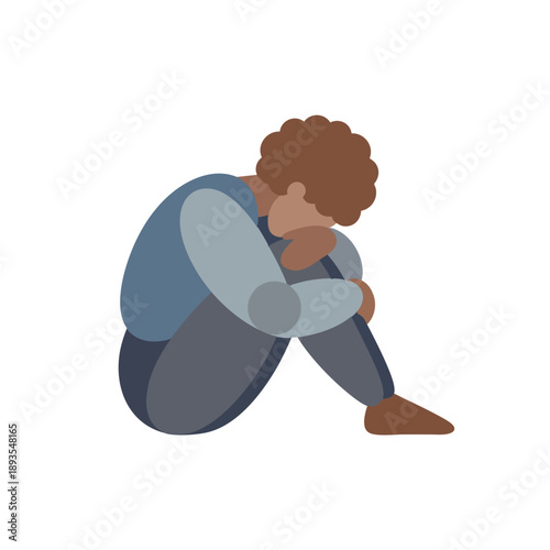 Sad boy sitting on the floor hugging knees, mental health and depression concept, flat cartoon illustration.
