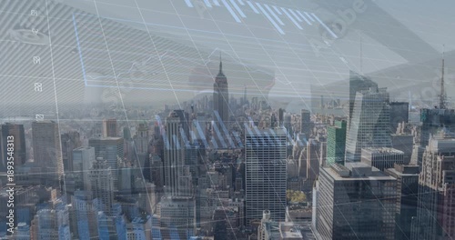 Animation of finacial data processing over cityscape