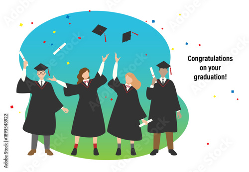 アカデミックガウンを着た卒業を祝う学生達のイラスト素材 ベクター 角帽 