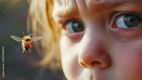 The child looks at the bee in close-up in fright.
The child's frightened face is up close, with a bee flying towards him in focus. Emotions of fear and anxiety before a possible bite.