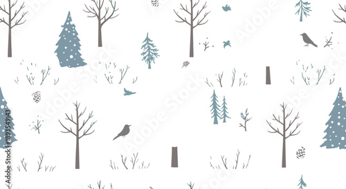 Minimal winter forest seamless pattern vector with pine trees, bare trees, birds, snow details, and soft pastel nature background