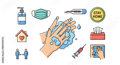 Vector illustrations of health care elements including hand washing, medical icons, and hospital services in America.