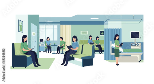 Vector illustration of people in a hospital waiting room with a nurse and doctor, representing health care services in America.