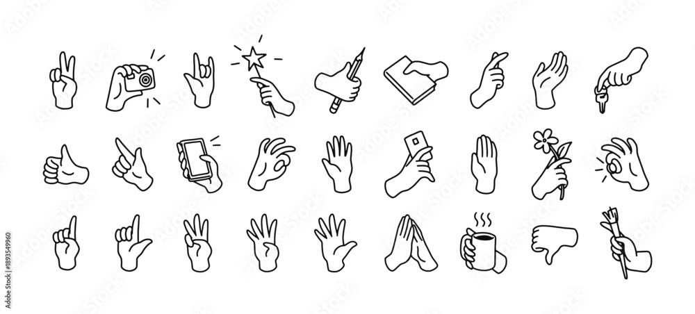 Fototapeta premium Doodle set of hand gestures. Different signs- thumbs up, ok, high five. Palms holding pencils, pointing fingers. Nonverbal communication with emoji. Outline isolated vector illustrations on white