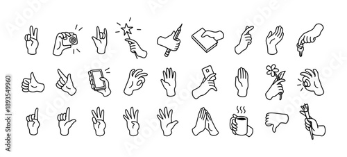 Doodle set of hand gestures. Different signs- thumbs up, ok, high five. Palms holding pencils, pointing fingers. Nonverbal communication with emoji. Outline isolated vector illustrations on white