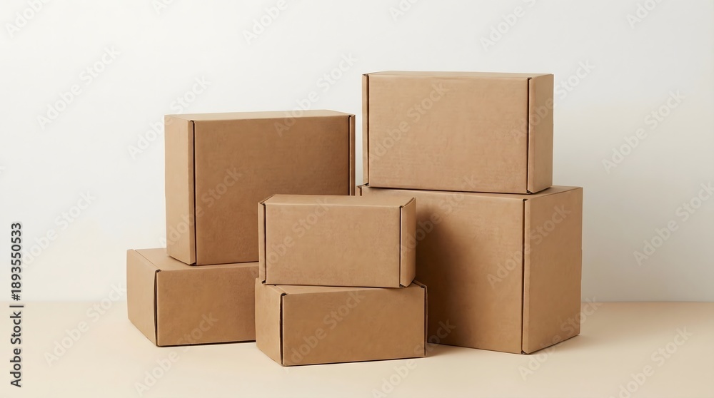 Obraz premium Group of Various Sized Brown Mailing Boxes Mockup, Minimalist Packaging Design for Small Business and Delivery