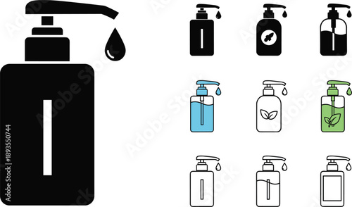 Collection of soap dispenser icons with liquid drops and leaf symbols Keywords: soap dispenser, liquid soap, hand sanitizer, pump