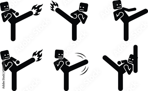 Black Martial Arts Silhouette Vector Set Featuring Fighter Kickboxing Karate Kung Fu And Taekwondo Action Poses With Fire Effects Isolated On White Background For Design (25 words)