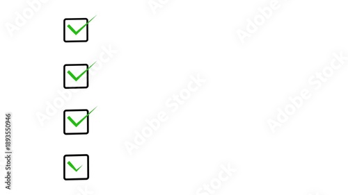 Animated four step process checklist with green check marks and arrow icons. Ideal for business workflow, infographic, approval steps and explainer videos on white or alpha background in 4K.
