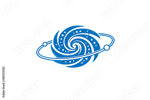 Creative design of a spiral galaxy with a ring, featuring blue colors representing cosmic elements and stars, commonly used in space-themed graphics and logos