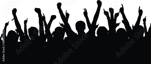 Cheering Crowd Silhouette Vector Set Featuring People With Raised Hands At Concert Festival Protest Sports Event Or Party Isolated On White Background For Design (25 words)