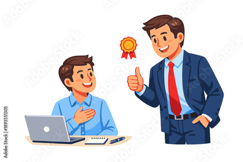 Two men discuss achievement and recognition in an office setting at daytime while one man shows a reward for hard work