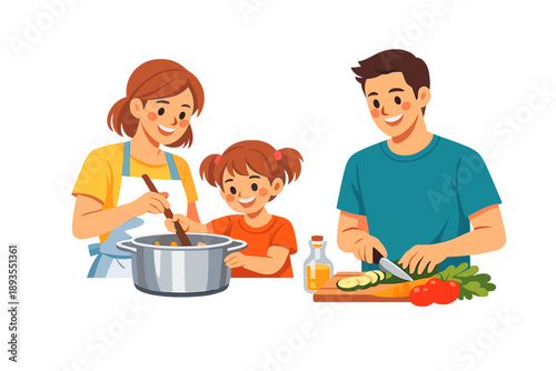Family members cook together in a kitchen during a weekend afternoon while preparing a healthy meal with fresh vegetables and grains