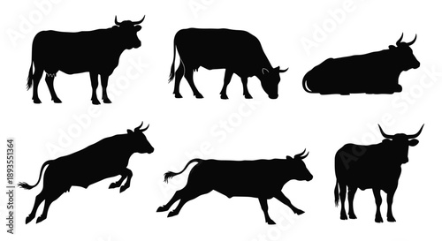 Black Cow and Bull Silhouette Vector Set Featuring Cattle Grazing Running Jumping and Standing Icons Isolated on White Background for Farm Agriculture and Livestock Design (25 words)