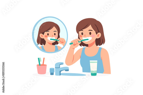 Person brushes teeth in bathroom while looking in mirror during morning routine