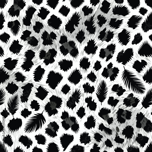 Leopard skin fur texture on surface with tropical leaves background