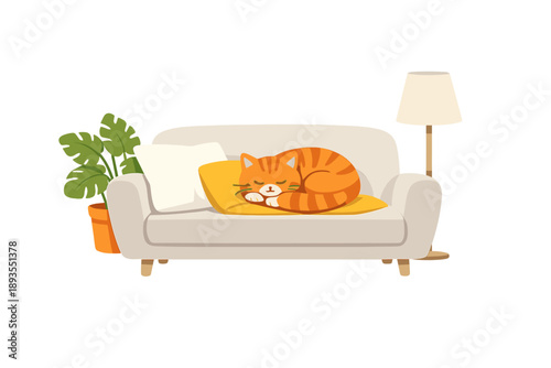 Cozy cat sleeping on a couch in a living room with a plant and a lamp during the day