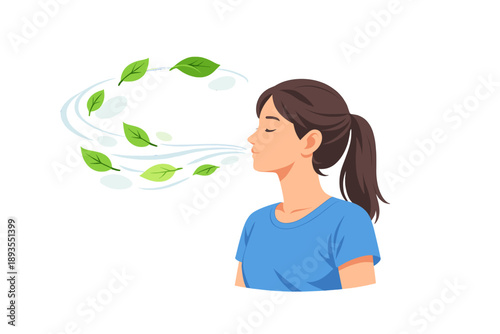 Woman breathes out fresh air with green leaves swirling around, representing nature and well-being in a calm moment
