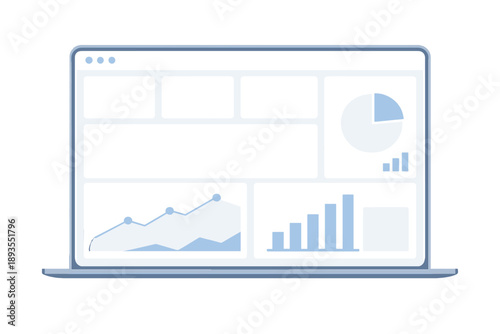 Graphical user interface shows data analysis with charts and graphs on a laptop screen during a daytime work session