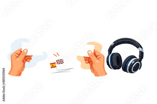 Learning a new language with flashcards and headphones in a study setting for effective practice