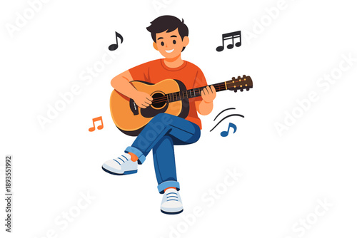 Young man plays guitar while sitting with music notes around him during a music session
