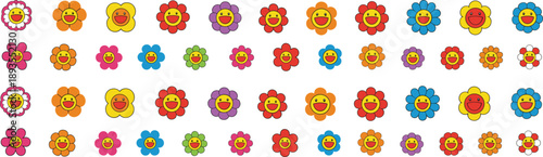 Seamless cute smiling flower pattern vector background with colorful cartoon blossoms for kids, stickers and playful design