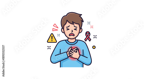 Man experiencing chest pain, possibly a heart attack, with a warning sign and a red awareness ribbon representing heart disease.