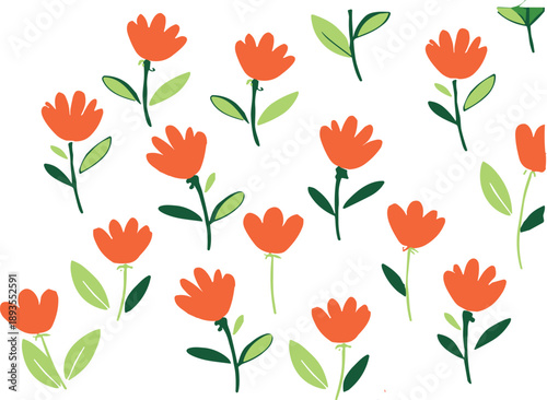 Seamless orange flower pattern vector background with simple hand drawn floral elements for spring garden and textile design