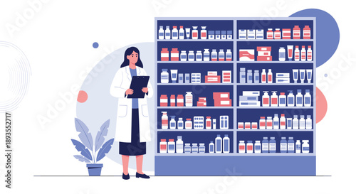 Female pharmacist in a white coat holding a clipboard and standing in a pharmacy in front of shelves filled with medication.