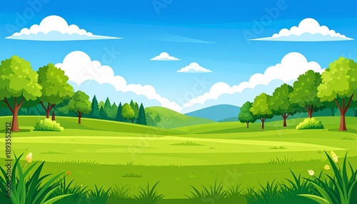 Vector illustration of a sunny summer landscape featuring green grass meadows and lush trees under a bright blue sky with fluffy clouds