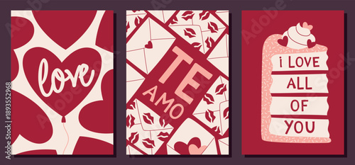 Valentines Day Greeting Card Set with Hearts, Sweets and Love Letters