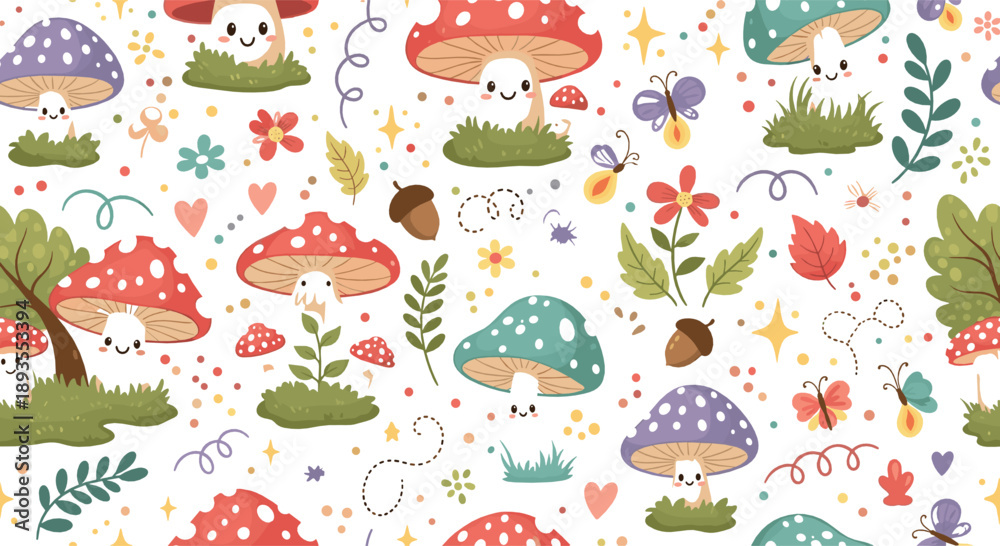 Fototapeta premium Cute kawaii mushroom pattern with smiling toadstools, flowers, butterflies, hearts, and colorful whimsical forest elements in seamless vector style