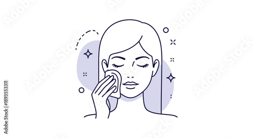 Minimalist line art illustration of a woman cleansing her face with a cotton pad as part of her daily beauty and skincare routine.